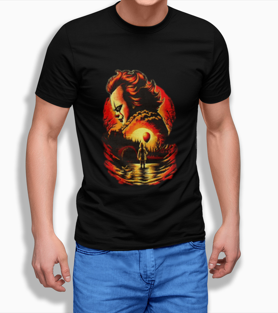 Pennywise IT Clown Face With Red Balloon And Sunset Scene T-Shirt
