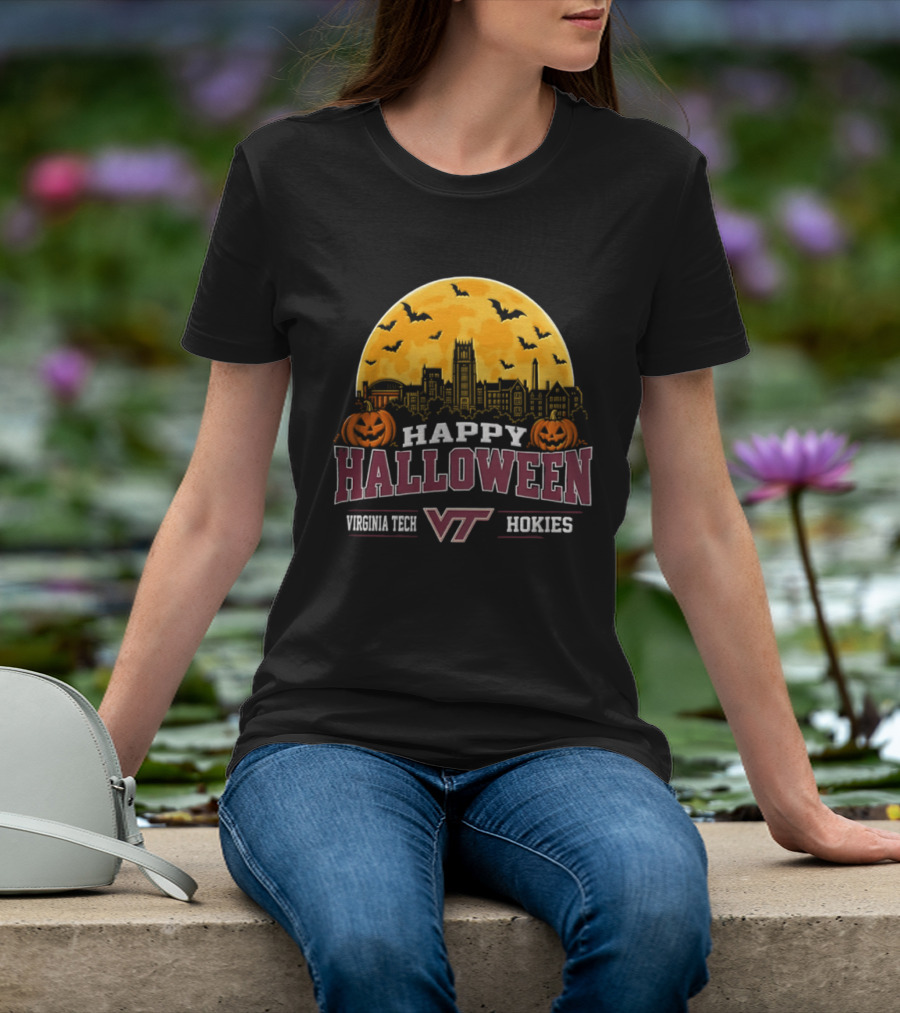 Virginia Tech Hokies Happy Halloween VT Skyline Pumpkins Bats Moon 2026 T-Shirt