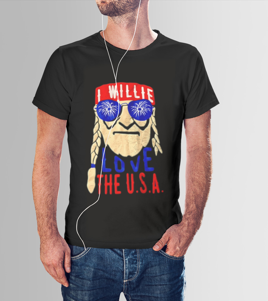 I Willie Nelson Love The U.S.A. Braided Hair Fireworks Sunglasses T-Shirt