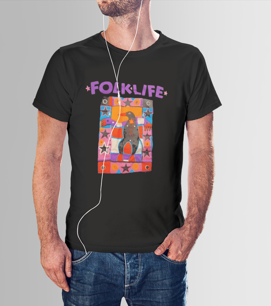 1992 Northwest Folklife Festival Black Seattle USA 90s Colorful Folk Art Bird Stars T-Shirt