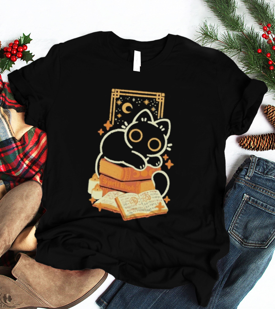 Black Cat Spell Book Candles Moon Stars Mystical Scene T-Shirt