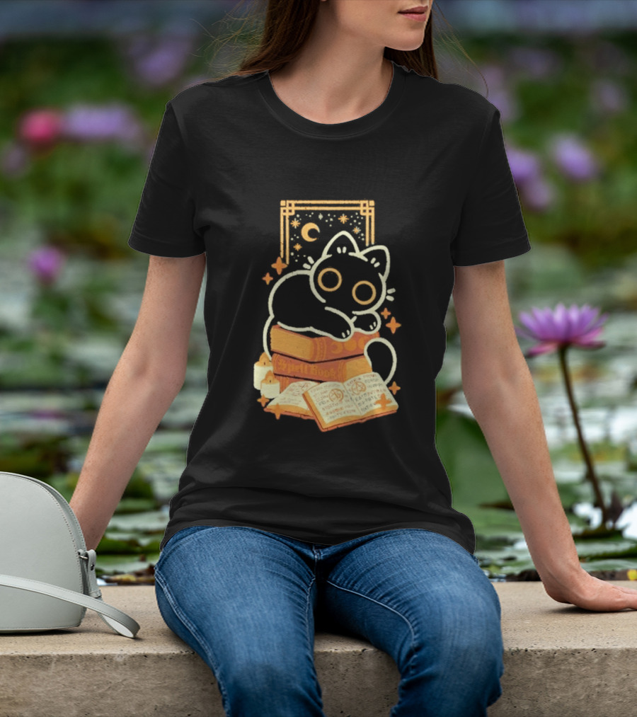 Black Cat Spell Book Candles Moon Stars Mystical Scene T-Shirt