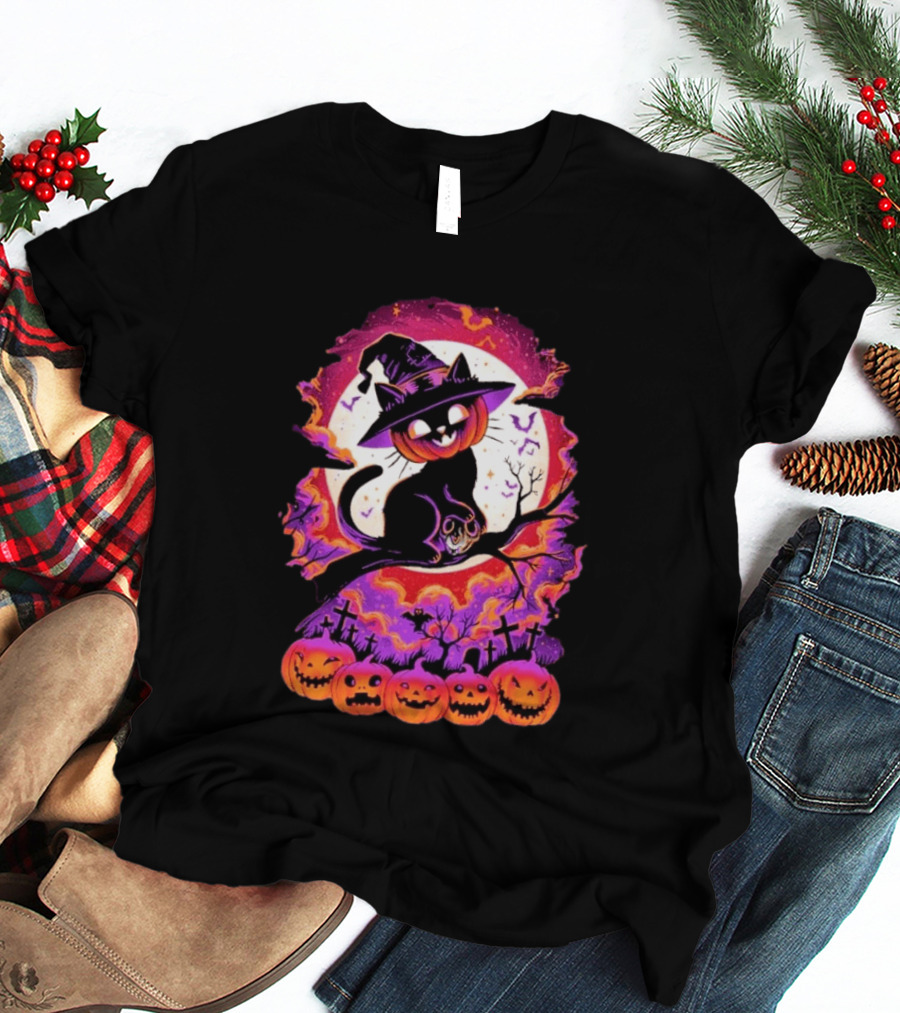 Halloween Cat O'Lantern Witch Hat Spooky Jack O' Lanterns Graveyard Scene T-Shirt
