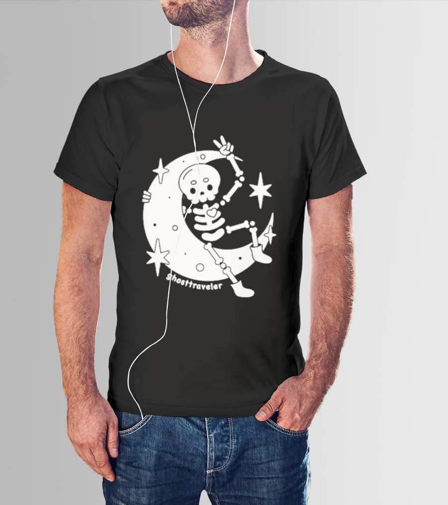 Ghosttraveler Skeleton On The Moon With Stars Spooky Halloween T-Shirt