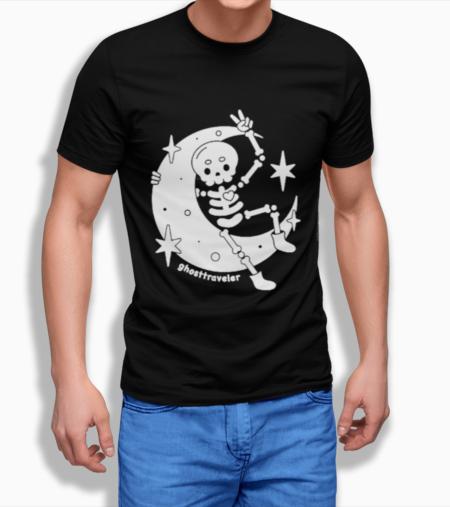 Ghosttraveler Skeleton On The Moon With Stars Spooky Halloween T-Shirt