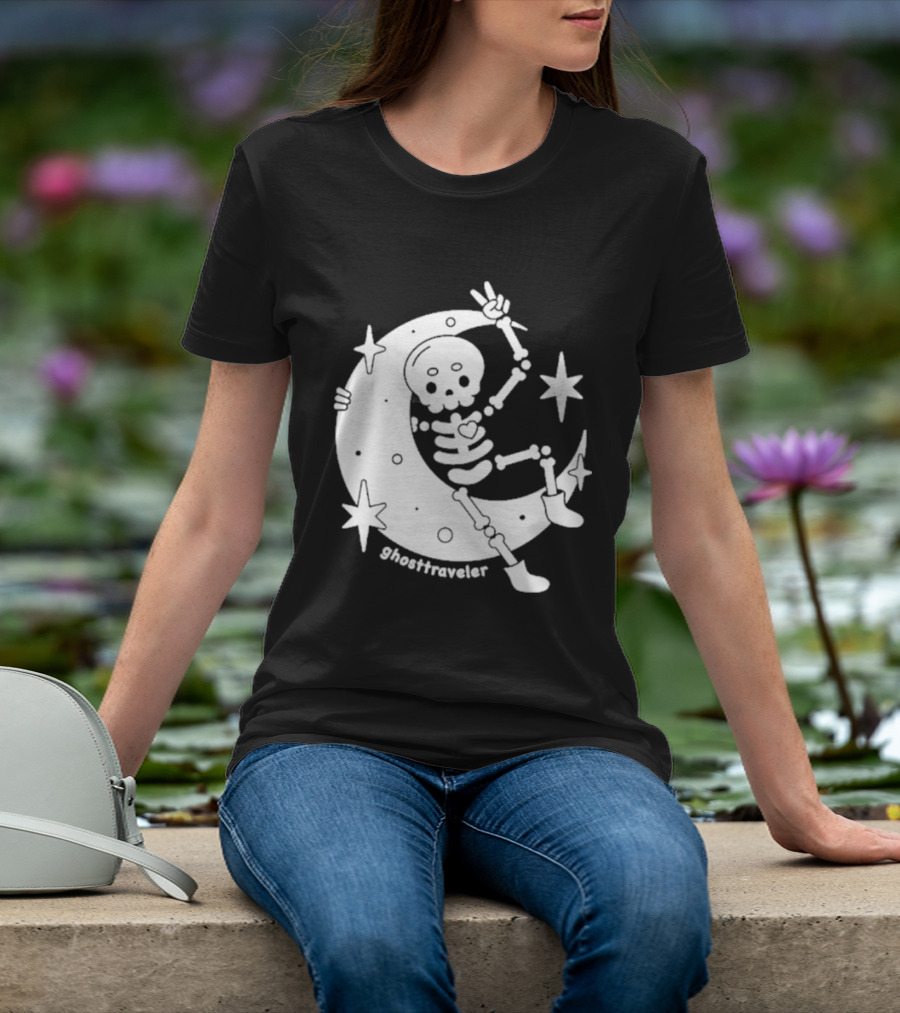 Ghosttraveler Skeleton On The Moon With Stars Spooky Halloween T-Shirt