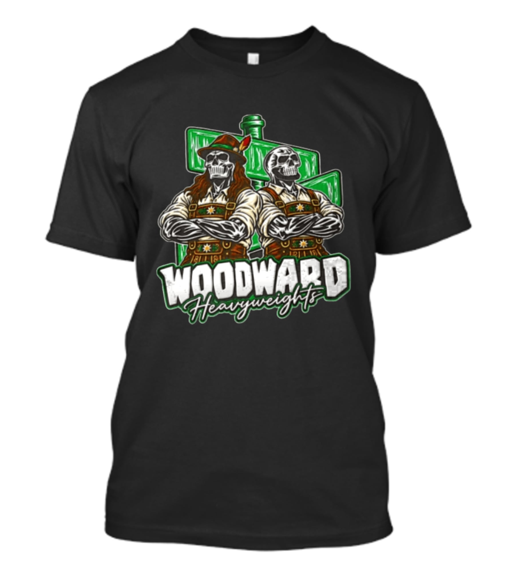 Woodward Heavyweights Two Skulls Lederhosen Crossed Arms T-Shirt