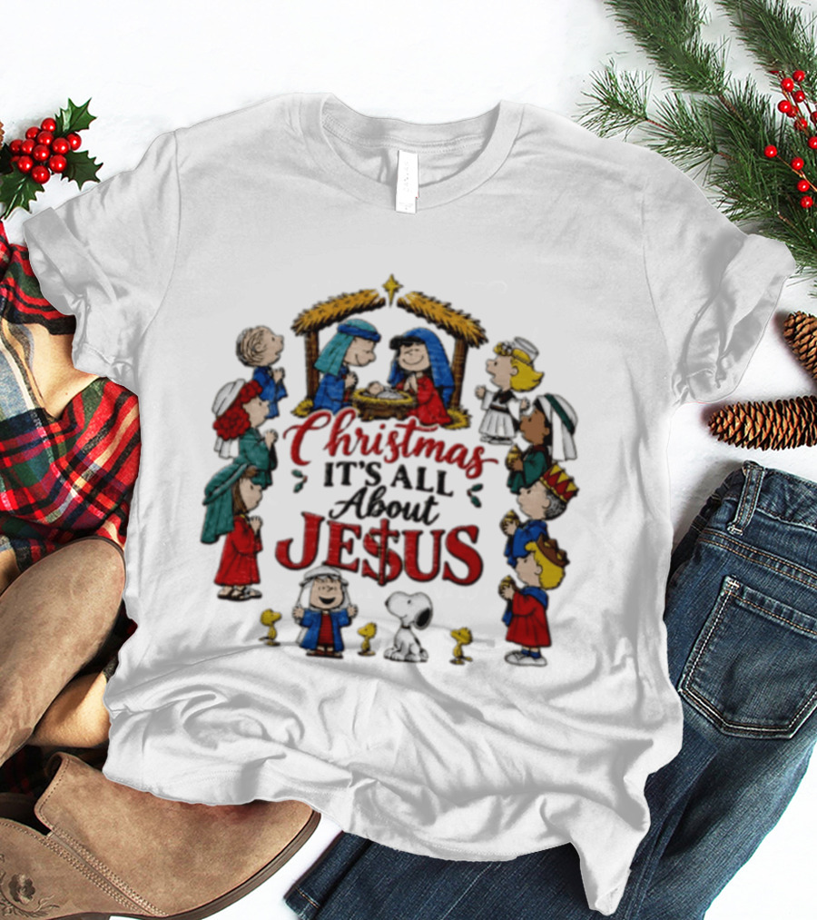 Christmas It's All About Jesus Charlie Brown Snoopy Peanuts Nativity Scene T-Shirt