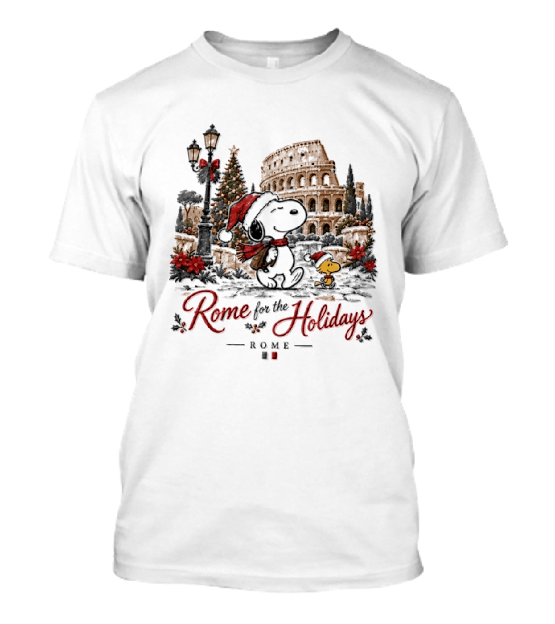 Snoopy And Woodstock Rome For The Holidays Christmas Colosseum Scene T-Shirt