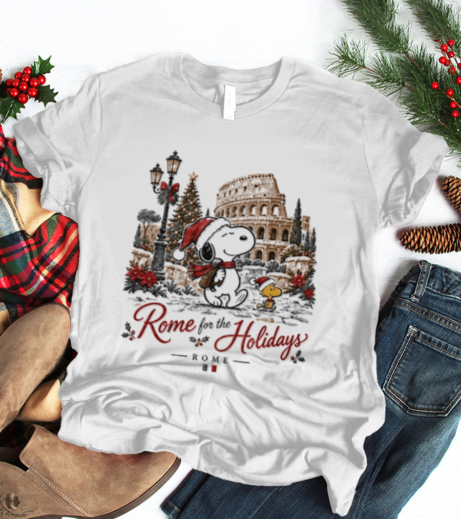 Snoopy And Woodstock Rome For The Holidays Christmas Colosseum Scene T-Shirt