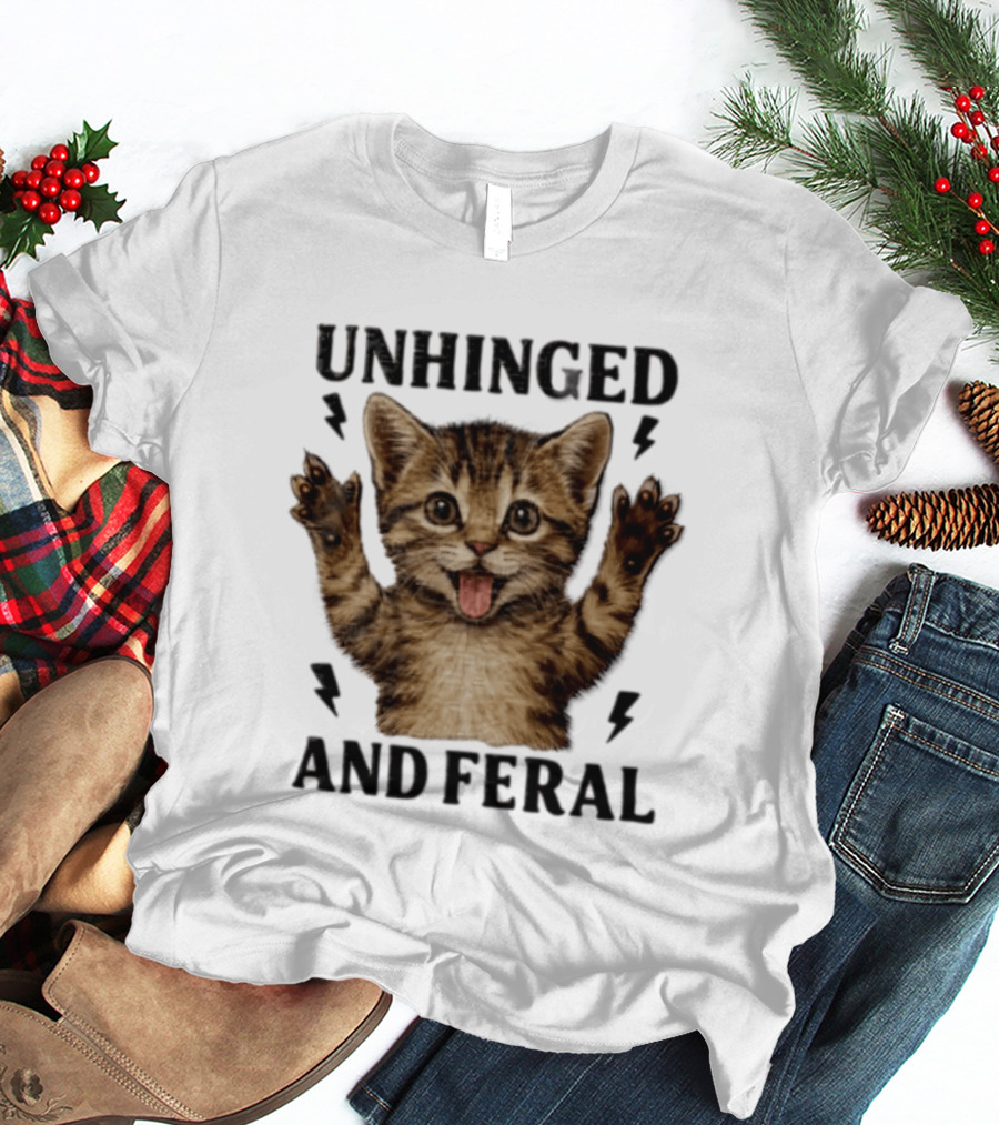 Unhinged And Feral Tabby Kitten Paws Up Tongue Out Cute Cat Lover's Humor T-Shirt