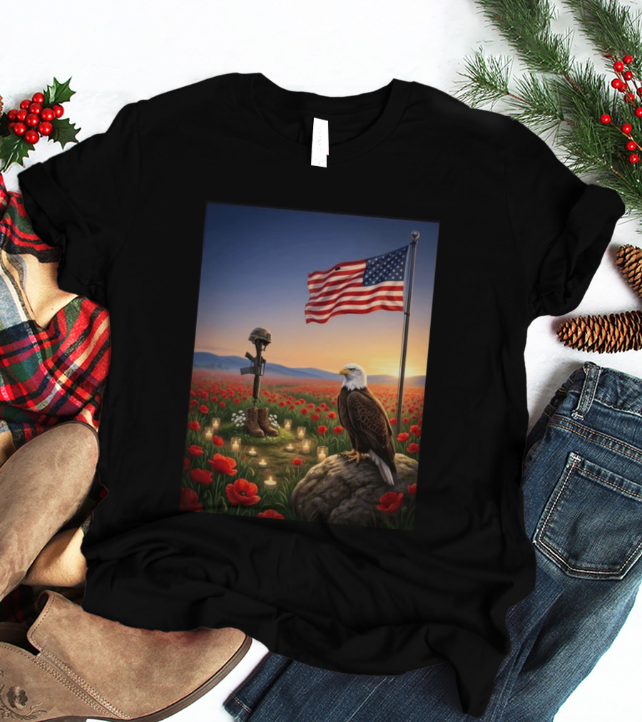 Battlefield Cross American Flag Eagle Honor Our Fallen Heroes Poppy Field T-Shirt