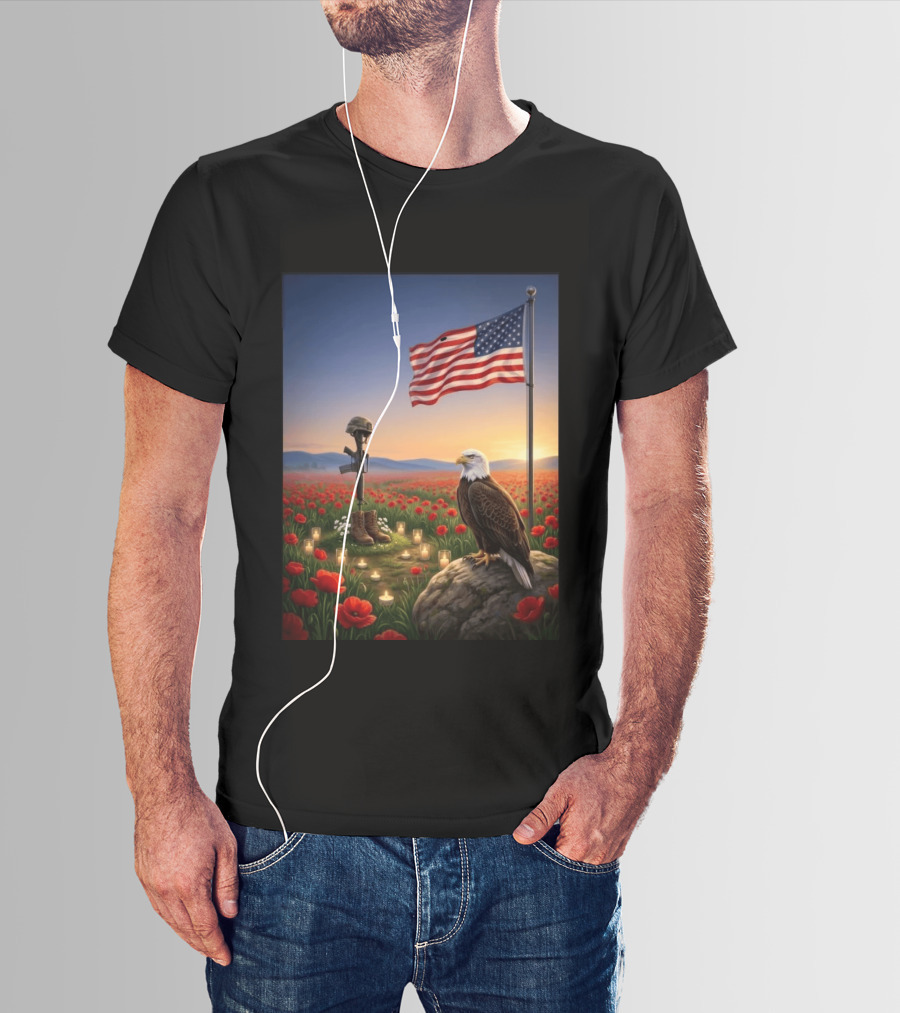 Battlefield Cross American Flag Eagle Honor Our Fallen Heroes Poppy Field T-Shirt
