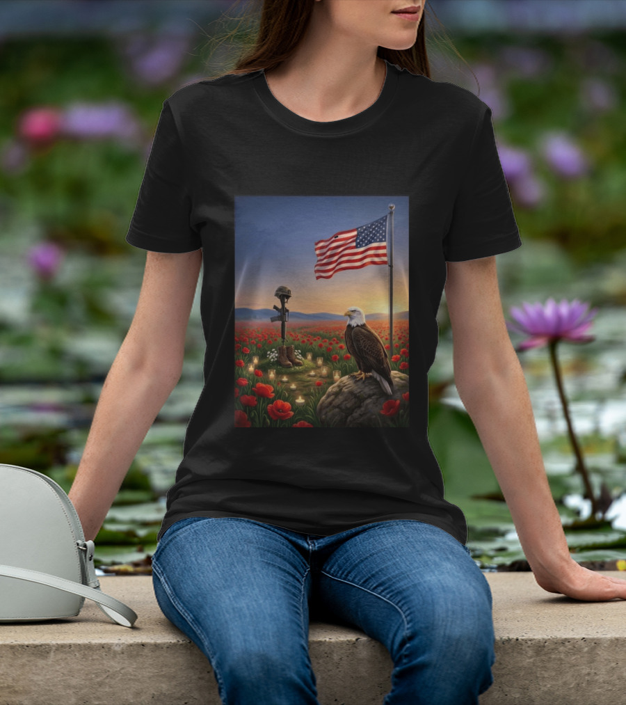 Battlefield Cross American Flag Eagle Honor Our Fallen Heroes Poppy Field T-Shirt