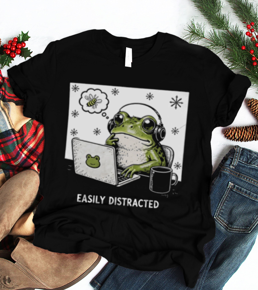 Easily Distracted Frog Laptop Headphones Christmas Frog T-Shirt