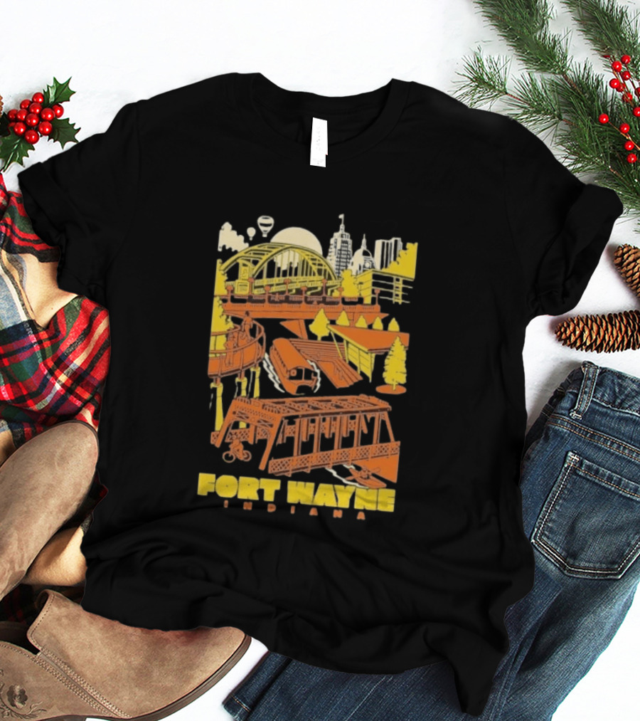 Fort Wayne Indiana Riverfront Yellow Orange Skyline And Bridges T-Shirt