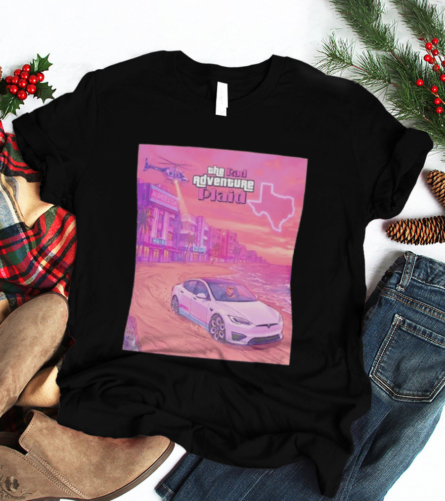 Rad Adventure Plaid Tesla Beach Gag City Joshwest247 Texas Neon Helicopter T-Shirt