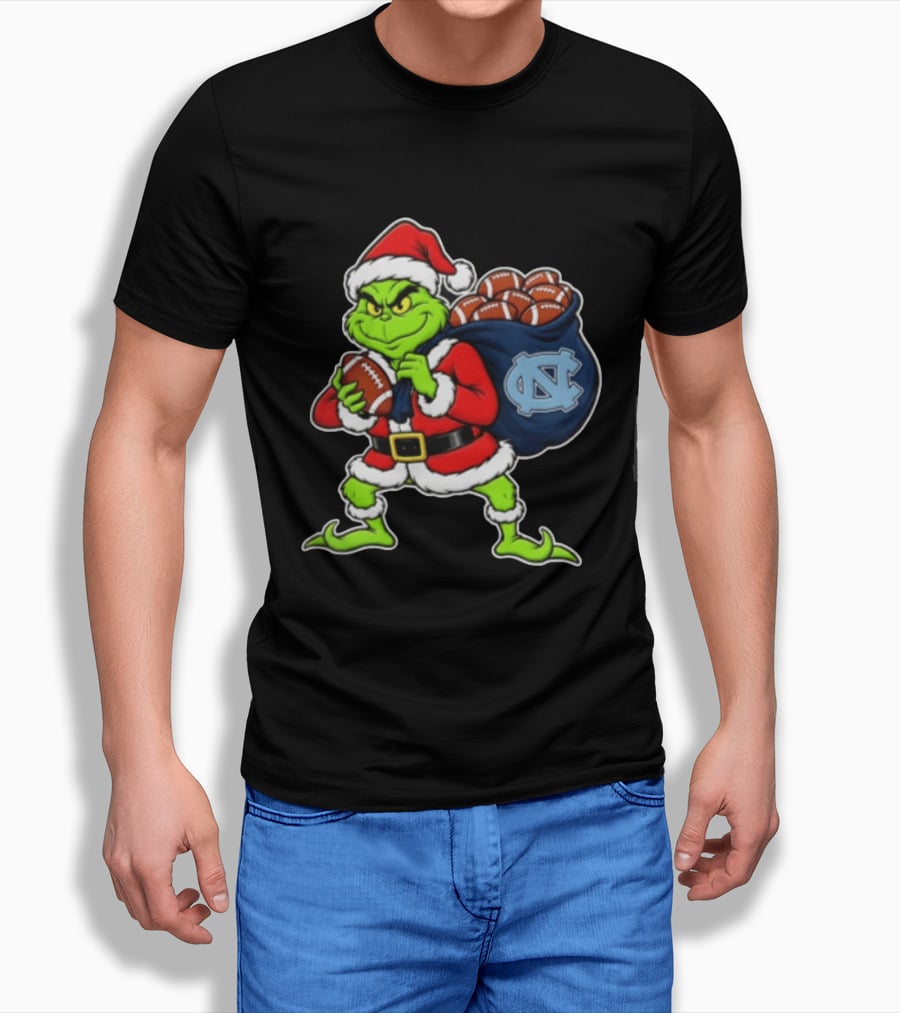Grinch Santa North Carolina Tar Heels Holding Chiefs Footballs Christmas T-Shirt