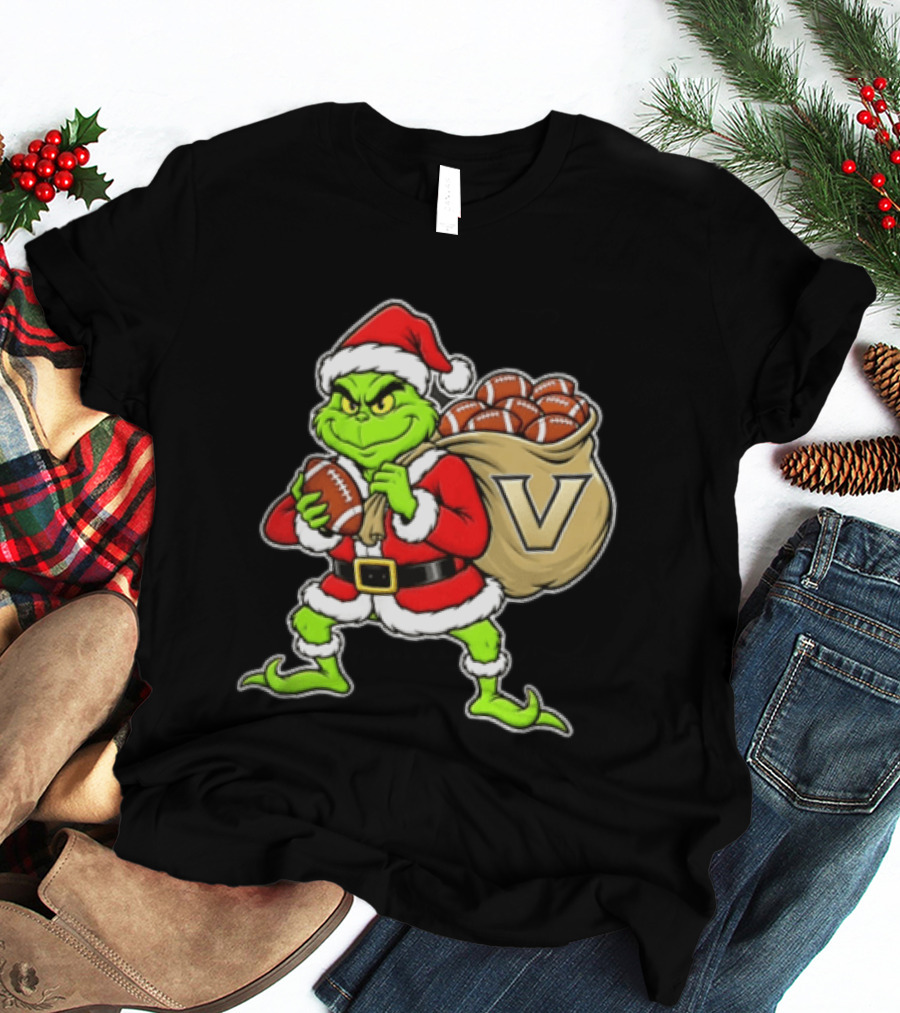 Santa Grinch Vanderbilt Commodores Carrying Chiefs Footballs For Christmas T-Shirt