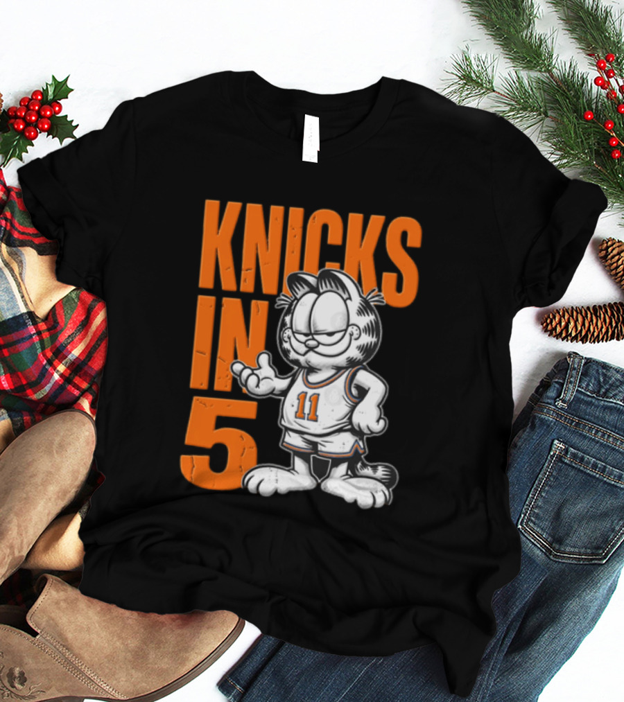 Knicks In 5 Cartoon Cat Wearing Basketball Jersey T-Shirt