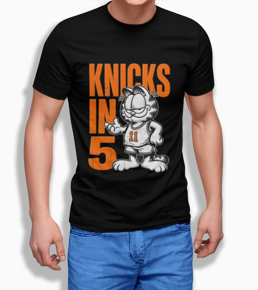 Knicks In 5 Cartoon Cat Wearing Basketball Jersey T-Shirt