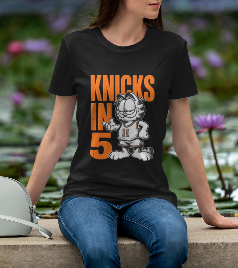 Knicks In 5 Cartoon Cat Wearing Basketball Jersey T-Shirt