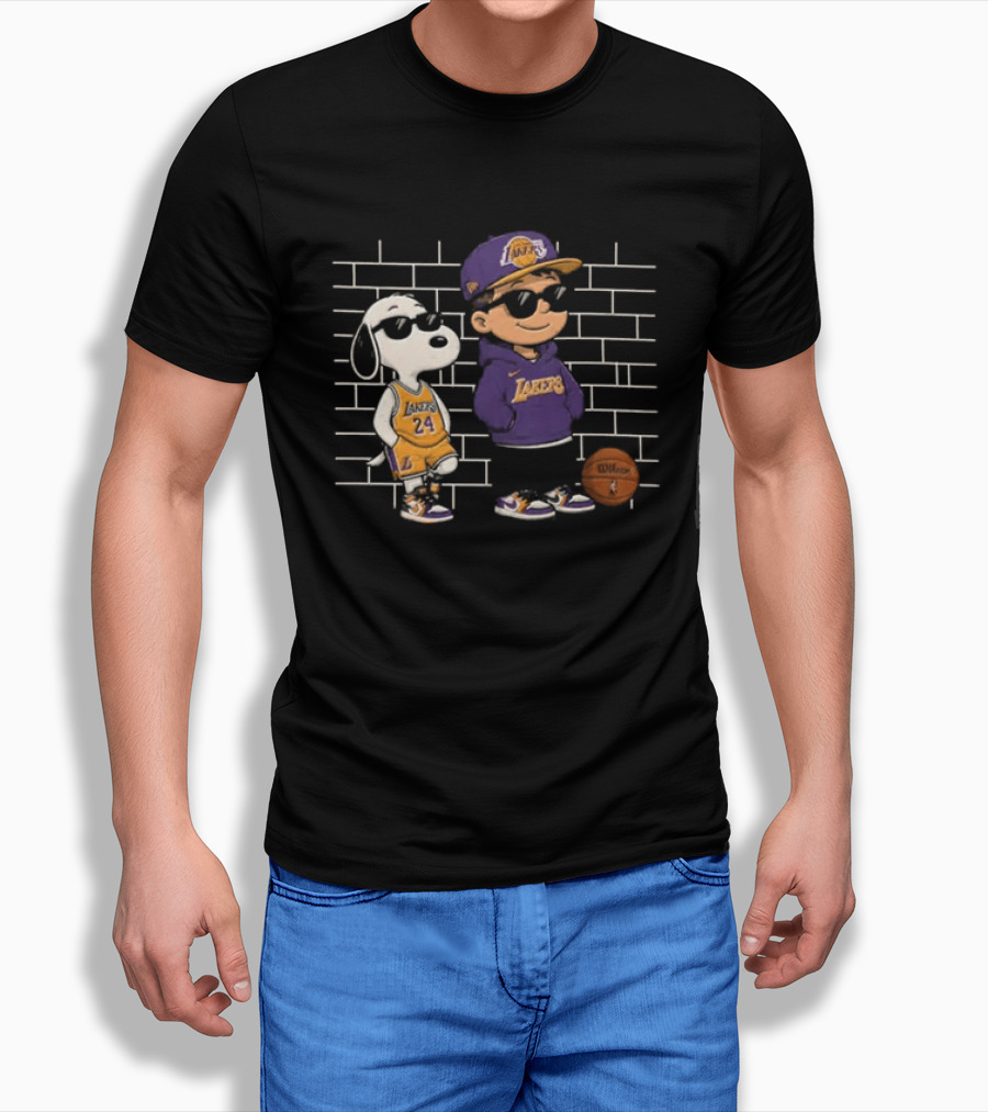 Snoopy And Charlie Brown Los Angeles Lakers Basketball Fan Team Outfit T-Shirt