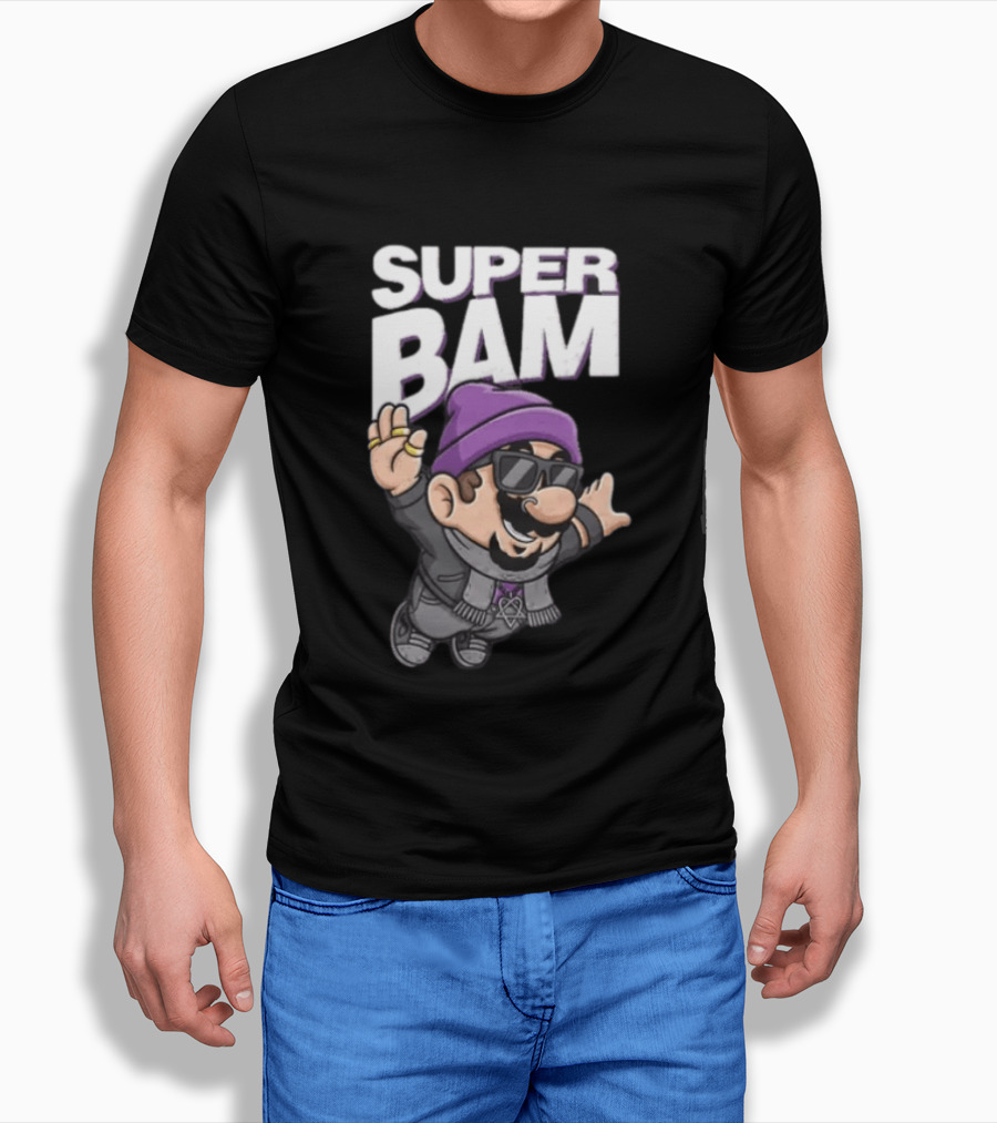 Super Bam Margera Cartoon Style Jackass Purple Beanie Sunglasses Rugged Look T-Shirt