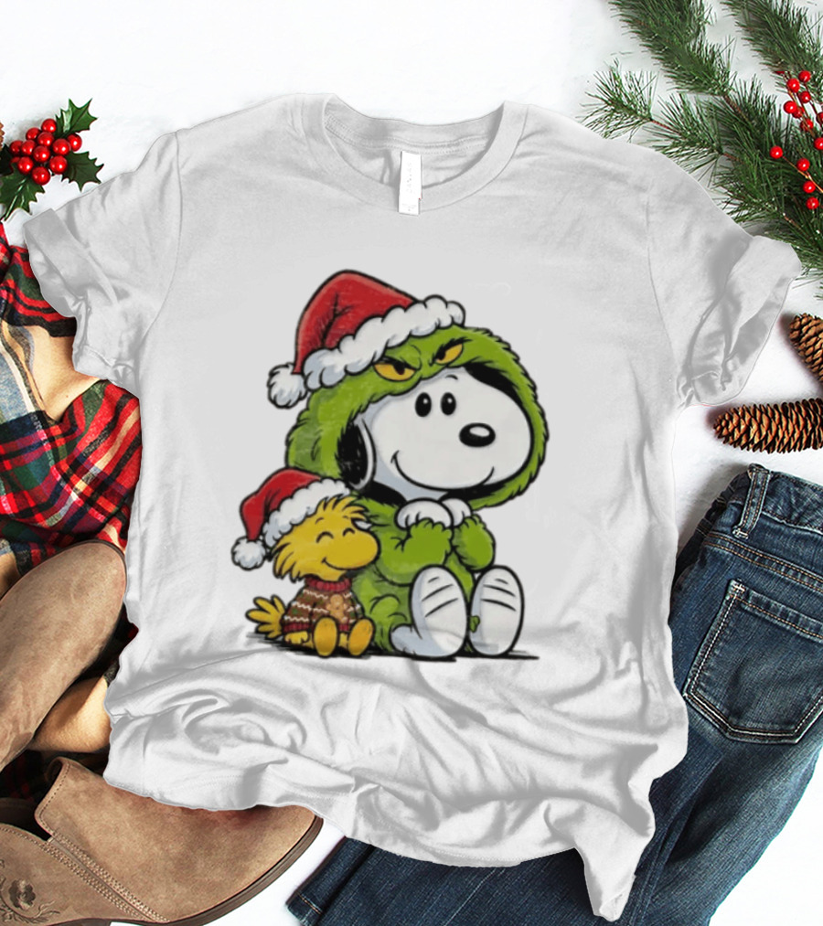 Snoopy And Woodstock In Grinch Costumes With Santa Hats Christmas T-Shirt