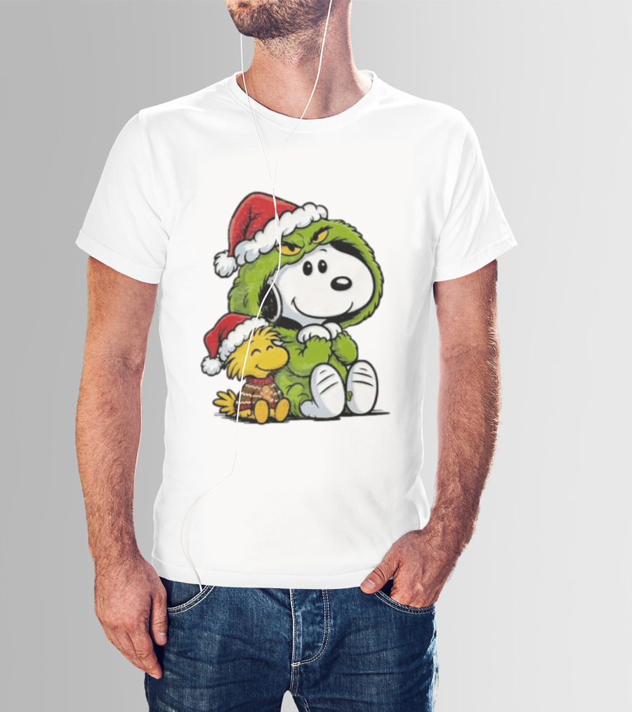 Snoopy And Woodstock In Grinch Costumes With Santa Hats Christmas T-Shirt