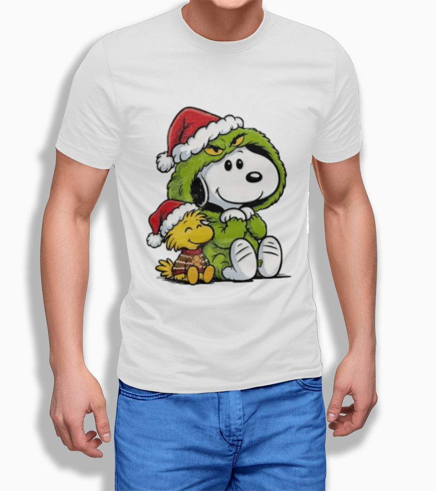 Snoopy And Woodstock In Grinch Costumes With Santa Hats Christmas T-Shirt