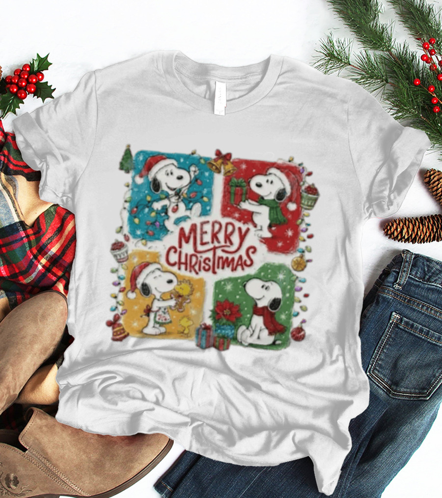 Snoopy Merry Christmas Festive Celebration With Presents And Santa Hat T-Shirt