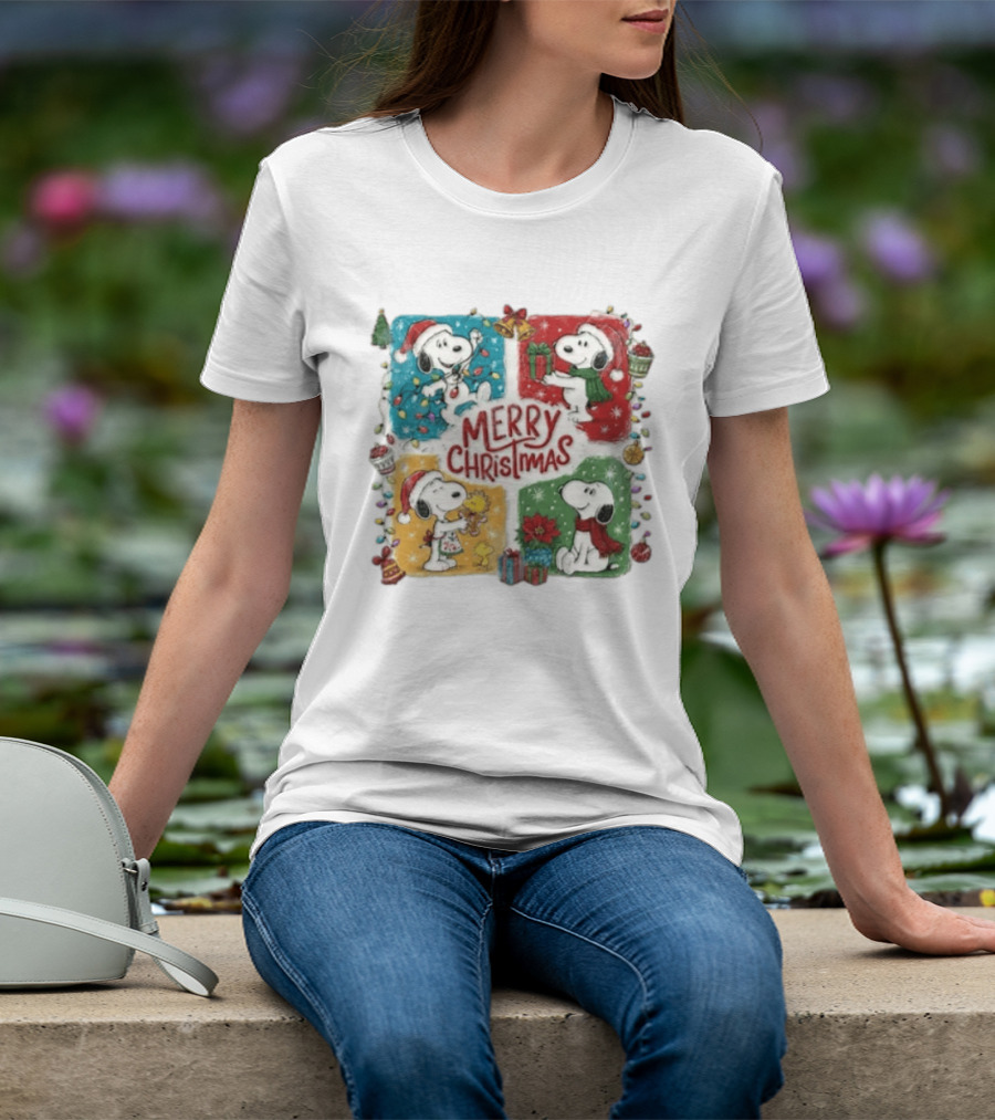 Snoopy Merry Christmas Festive Celebration With Presents And Santa Hat T-Shirt