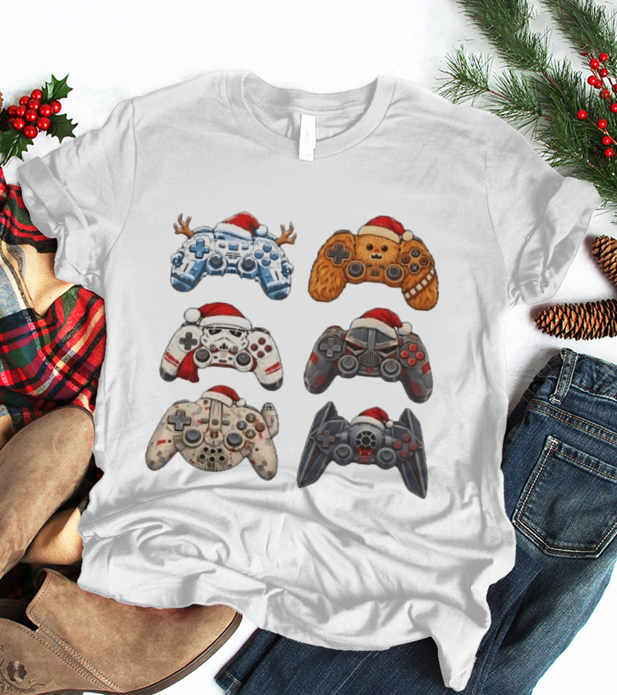 Star Wars Christmas Santa Hats Chewbacca Stormtrooper Darth Vader Gaming Controller Collection T-Shirt