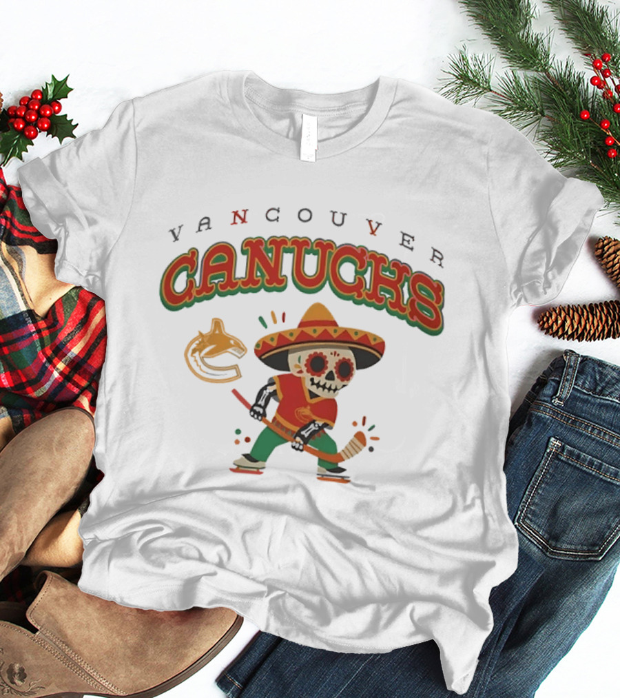 Vancouver Canucks Dia De Los Muertos Sugar Skull Hockey Player T-Shirt