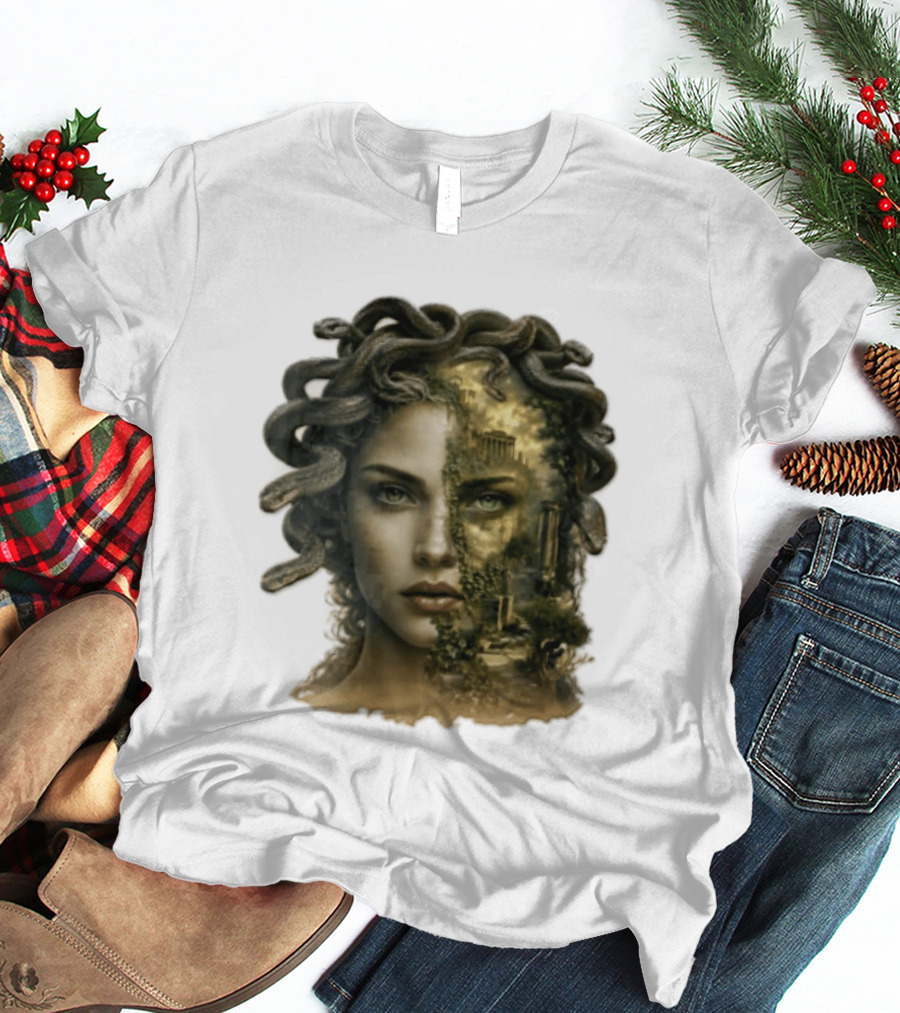 Medusa Woman Face Snakes Hair Ancient Ruins T-Shirt