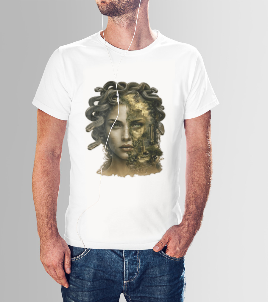 Medusa Woman Face Snakes Hair Ancient Ruins T-Shirt