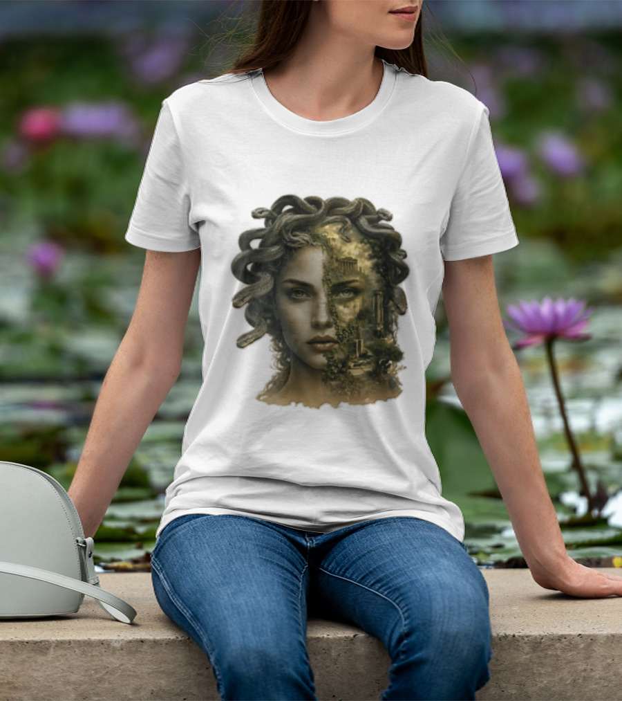 Medusa Woman Face Snakes Hair Ancient Ruins T-Shirt