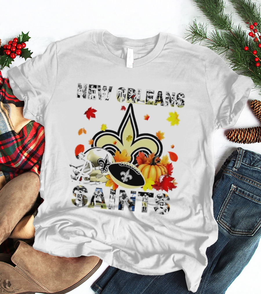 New Orleans Saints Autumn 2026 Pumpkin Leaves Football T-Shirt