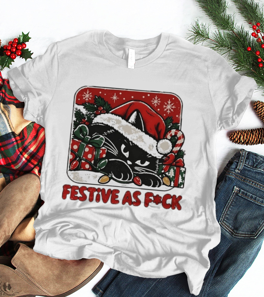 Grumpy Black Cat Festive Christmas Santa Hat Holiday Humor T-Shirt