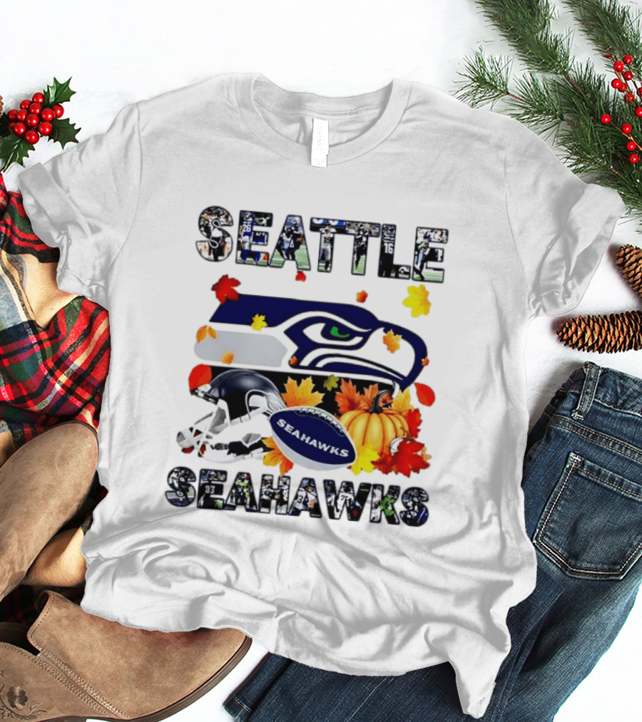 Seattle Seahawks Autumn Legend Player 2026 Football Helmet Pumpkin Leaves T-Shirt