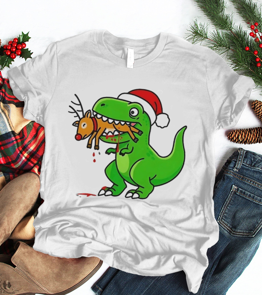 T Rex Eating A Reindeer Santa Hat Christmas Fun T-Shirt