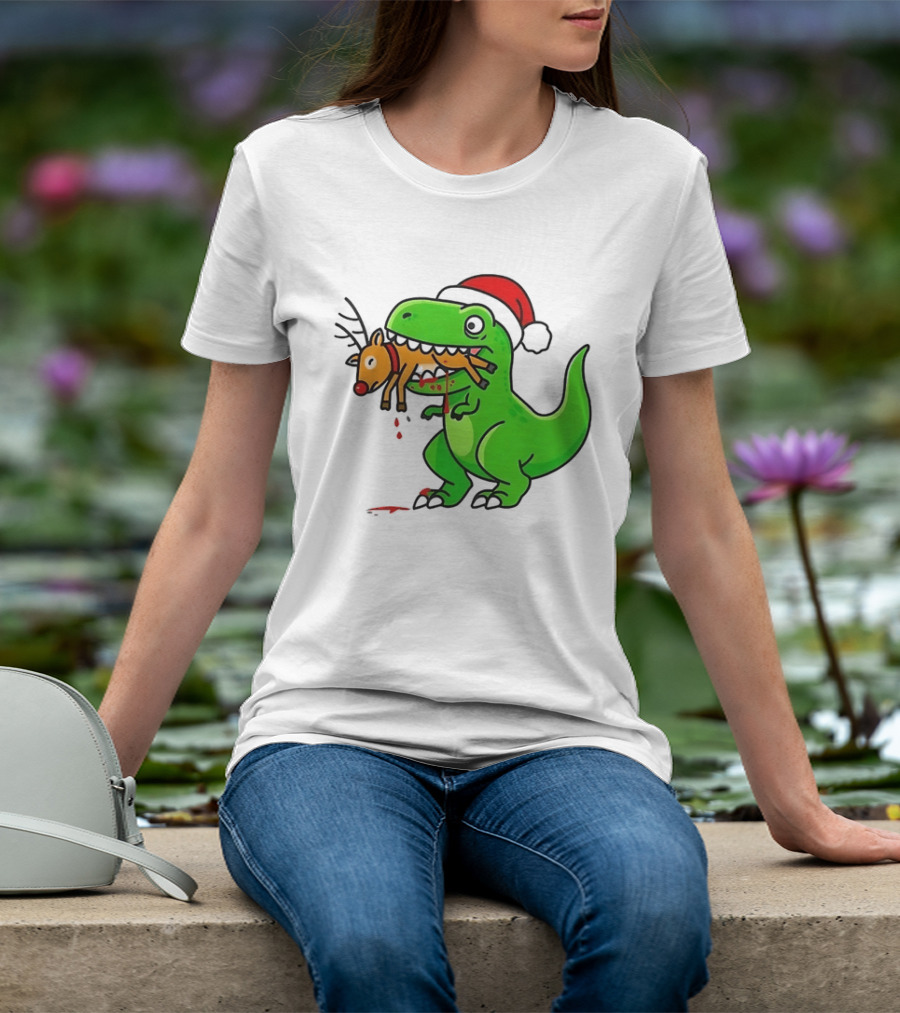 T Rex Eating A Reindeer Santa Hat Christmas Fun T-Shirt