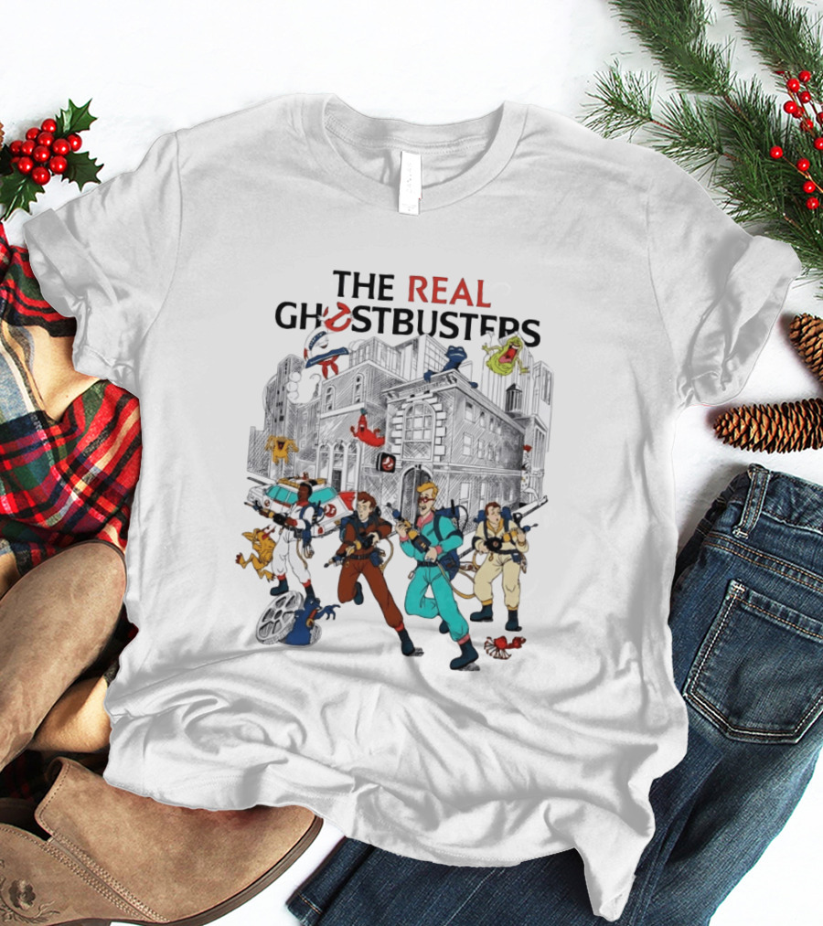 The Real Ghostbusters Cartoon Characters Firehouse Ecto 1 Proton Pack T-Shirt