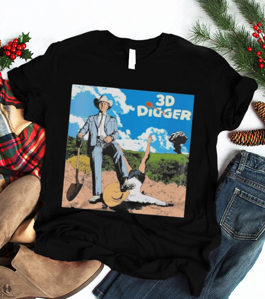3D Digger Rockwell Western Cowboy Shovel Scene T-Shirt