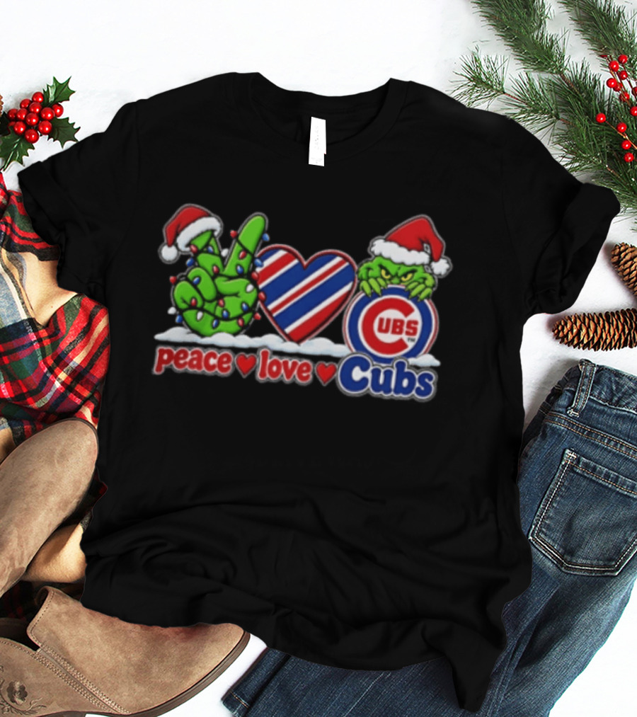 Peace Love Cubs Grinch Christmas Santa Hat Holiday T-Shirt