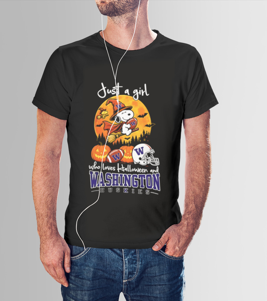 Just A Girl Who Loves Halloween And Washington Huskies Snoopy Woodstock 2026 T-Shirt