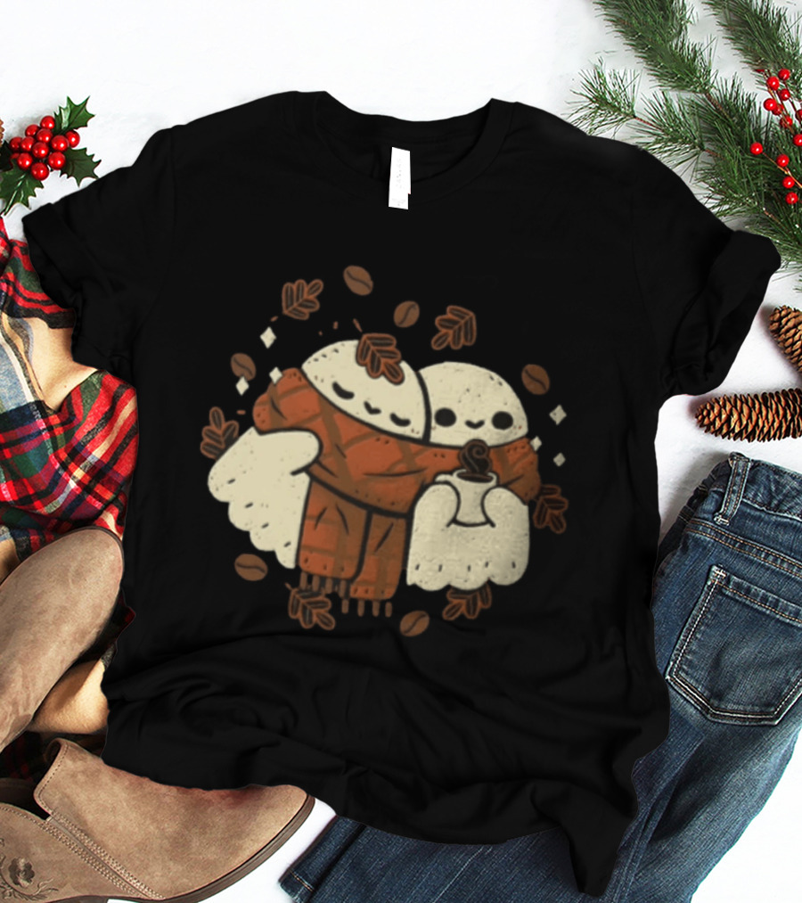 Two Ghosts Cozy In Plaid Scarf With Coffee Surrounded By Fall Leaves And Beans T-Shirt