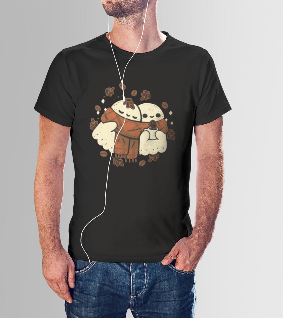 Two Ghosts Cozy In Plaid Scarf With Coffee Surrounded By Fall Leaves And Beans T-Shirt