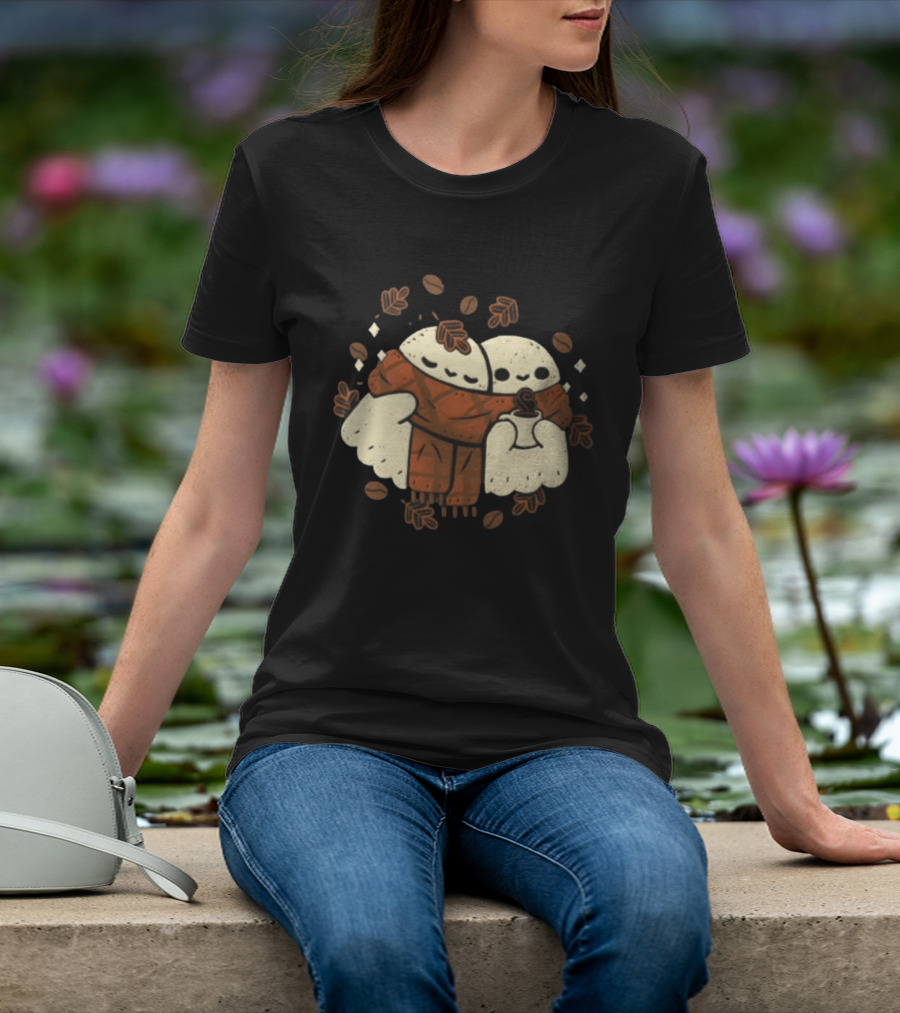 Two Ghosts Cozy In Plaid Scarf With Coffee Surrounded By Fall Leaves And Beans T-Shirt